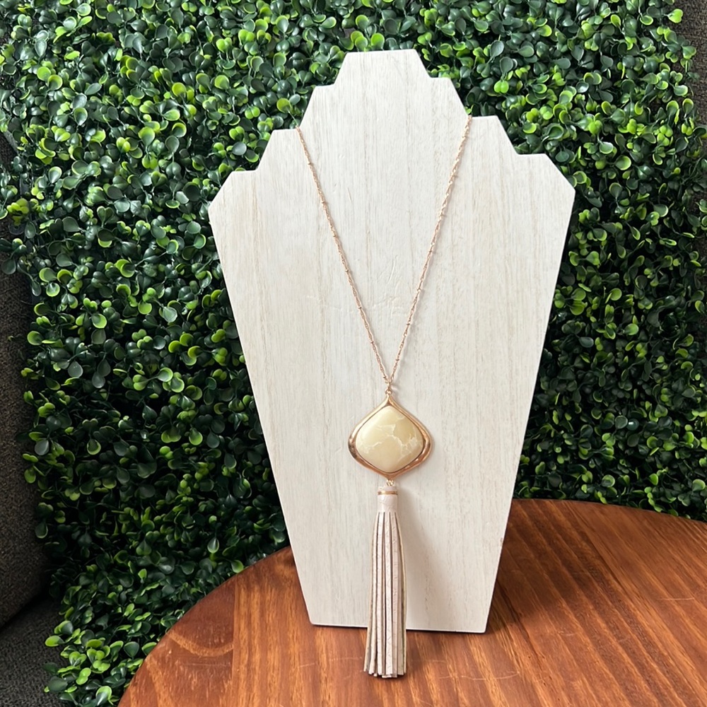 32” Cream/Yellow Stone and Faux Leather Tassel Necklace